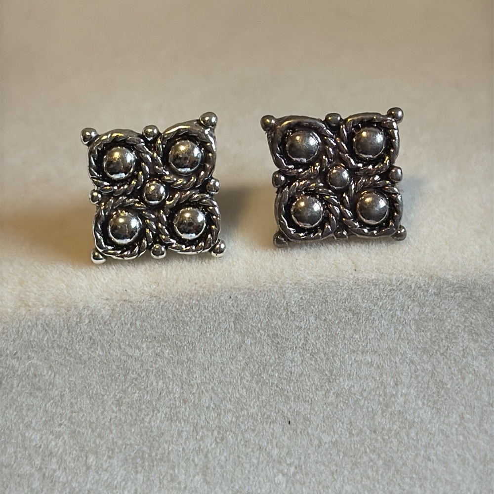 Napier Square Pierced Stud Earrings Elegant Rope Silver Tone